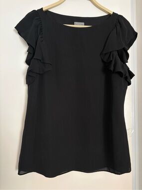 Ann Taylor Silk Black Petite Blouse with Ruffle Detail